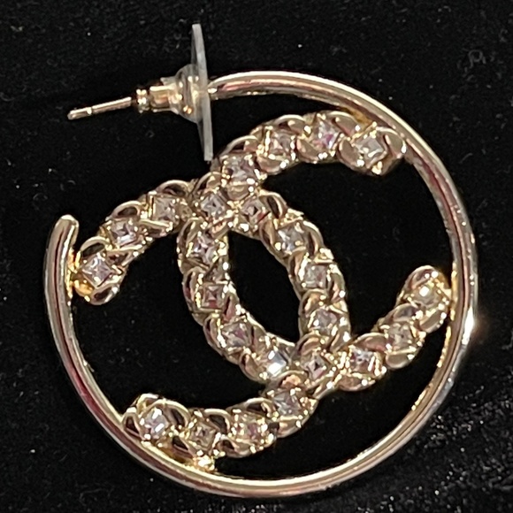 Gold Chanel Crystal Logo Hoops - Picture 2 of 5